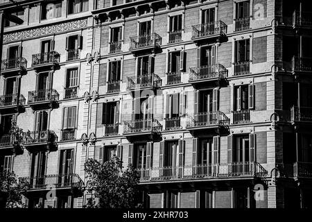 Noir et blanc de la façade avant d'un immeuble à Barcelone, Espagne, avec de nombreuses fenêtres, balcons, volets en bois Banque D'Images