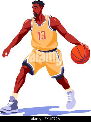 Joueur professionnel de basket-ball masculin dans le concept de fitness mi-dribble. Illustration vectorielle plate sur blanc Illustration de Vecteur