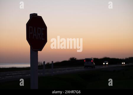 Un panneau stop avec le mot PARE (STOP en espagnol) écrit dessus. Le panneau est sur une route près d'un plan d'eau Banque D'Images