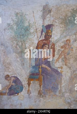 Séduction de Vénus par mars, en présence d'un Cupidon et d'une demoiselle. Fresque de Pompéi de la Maison de l'amour puni au Musée archéologique de Naples, Italie. Banque D'Images