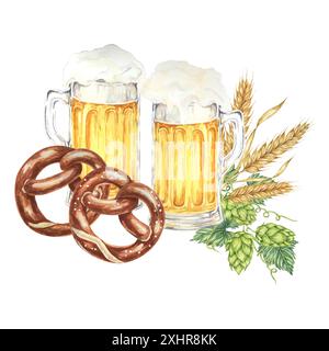 Composition de l'Oktoberfest en aquarelle. Mugs mousseux avec de la bière légère, deux bretzel salés, des oreilles d'orge ou du blé, et du houblon. Clipart pour les dessins festifs, carte, brasserie, flyer, dessous de verre Banque D'Images