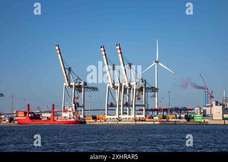 Terminal à conteneurs Tollerort ou CTT près de l'Elbe lors d'un matin d'été ensoleillé à Hambourg, Allemagne Banque D'Images