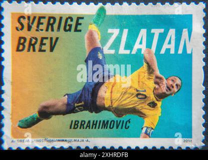 Zlatan Ibrahimovic, un footballeur professionnel suédois célèbre. Portrait sur un timbre postal suédois Banque D'Images