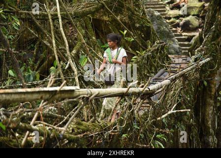 Un villageois marchant sur le pont de racine vivant bouble Decker, dans le village de Nongriat, dans l'État indien du nord-est du Meghalaya, le 19 avril 2021. Les vivants Banque D'Images