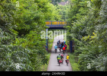 Piste cyclable dans le nord d'Essen, ancienne ligne de chemin de fer, Essen, Rhénanie du Nord-Westphalie, Allemagne Banque D'Images