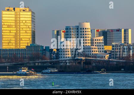 Duesseldorf, les bâtiments Gehry, Neuer Zollhof, dans le port des médias, à gauche le bâtiment Stadttor, derrière le complexe immobilier RWI4, Rhin Banque D'Images