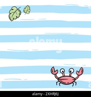 Motif simple sans couture avec des rayures bleues, crabe et feuilles. Fond vectoriel lumineux pour bannière, papier d'emballage, impression, tissu. Illustration de Vecteur