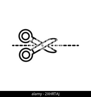 Ciseaux avec l'icône de lignes de coupe vecteur d'art de ligne noire en noir et blanc contour set signe de collection Illustration de Vecteur
