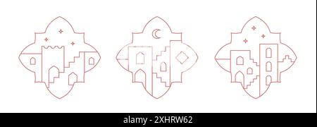Escalier de ligne de style marocain, arc, murs, arc, maison, lune. Fenêtres orientales vue sur le paysage urbain, paysage. Affiches vectorielles, cartes. Illustration de Vecteur