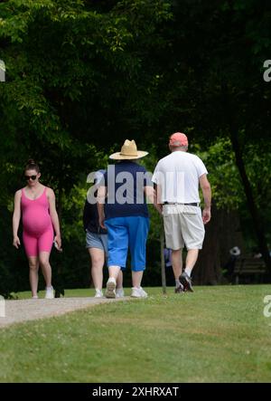 Les marcheurs ou les personnes de différents âges, y compris une femme enceinte, profitent d'un sentier naturel dans un parc public à Flat Rock, Caroline du Nord. Banque D'Images