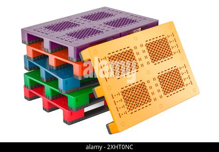 Palettes en plastique colorées, rendu 3D isolé sur fond blanc Banque D'Images