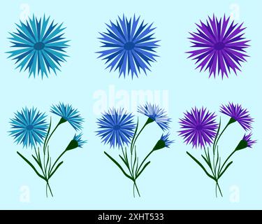 Ensemble de bouquets de bleus et violets bleus et bleus. Belle fleur avec des bourgeons. Illustration vectorielle. Style biélorusse. Pour le design, l'impression et le postcar Illustration de Vecteur