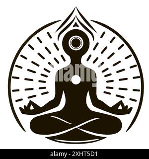 Une illustration circulaire du yoga avec des éléments graphiques. Concept de concentration, tranquillité et harmonie. Yogi en posture de lotus. Noir et blanc Illustration de Vecteur