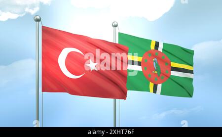 Drapeau 3D de la Turquie et de la Dominique sur ciel bleu avec soleil brillant Banque D'Images