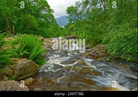 Ashness Bridge un pont traditionnel en pierre classé de grade 2 à travers Barrow Beck dans le Lake District Banque D'Images