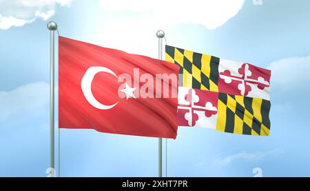 Drapeau 3D de la Turquie et du Maryland sur Blue Sky avec Sun Shine Banque D'Images