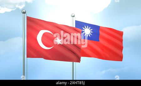 Drapeau 3D de la Turquie et Taiwan sur ciel bleu avec soleil brillant Banque D'Images