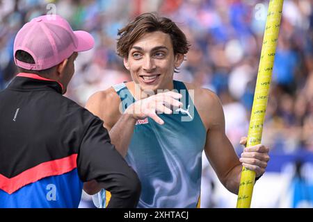 Paris, France. 07 juillet 2024. Armand Mondo Duplantis lors du Meeting de Paris Wanda Diamond League 2024 le 7 juillet 2024 au stade Charlety à Paris. Crédit : DPPI Media/Alamy Live News Banque D'Images