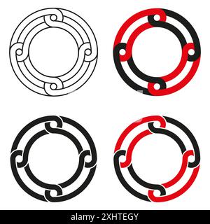 Icônes de répétition circulaire. Vecteur noir, rouge, blanc. Symboles décoratifs géométriques. Motifs ronds complexes. Illustration de Vecteur