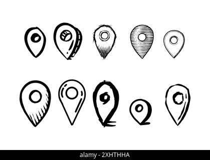 Épingles de carte dessinées à la main, navigation griffonnage, emplacement des panneaux. Définir isolé sur fond blanc. Illustration de Vecteur
