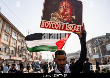 Un garçon musulman chiite du Cachemire tient une pancarte qui dit "boycotter Israël" alors qu'un pleureur agite un drapeau palestinien lors d'une procession le huitième jour de Mouharram. Pour la deuxième année consécutive, l'administration du Jammu-et-Cachemire a autorisé la 8e procession de Muharram à se rendre de Guru Bazar à Dalgate à Srinagar. Malgré une interdiction de longue date, les musulmans chiites avaient continué à organiser des processions les 8 et 10 Muharram le long de ces routes, souvent confrontées à une action policière. La procession de cette année a marqué une commémoration significative et pacifique du martyre de Hazrat Imam Hussainís (AS), attirant des milliers de personnes Banque D'Images