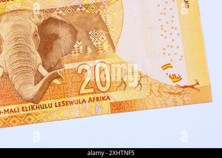 Billets libellés en espèces de 20 rand de monnaie sud-africaine émis vue arrière de la banque nationale Banque D'Images