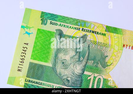 La monnaie sud-africaine émet des billets de banque nationaux libellés en billets de 10 rands vue arrière Banque D'Images