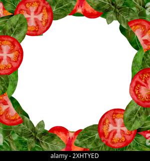 Cadre de bordure de feuilles de tomates fraîches et d'épinards avec un espace central blanc pour le texte. Parfait pour le contenu alimentaire. Objet isolé sur fond blanc pour la conception d'un livret, flyer, e-pack, étiquette ou publicité. Art numérique dans le style aquarelle. Banque D'Images