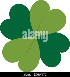 Feuille de trèfle chanceux avec quatre pétales en vert monochrome tendance. Concept de conception d'icône d'autocollant vue de dessus isolé. Vector St Patrick salutations, cartes, affiches, bannières, étiquette de prix, étiquette ou web, idée promo Illustration de Vecteur