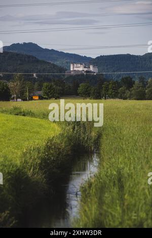 Der Glanbach, die Glan, entspringt am Fuße des Untersberg und fließt durch die Stadt Salzburg WO sie beim Glanspitz in die Salzach mündet. Mehrere Abschnitte des Baches wurden über die vergangenen jahre renaturiert. IM Bild : Ein kleiner Zufluss des Glanbaches und die Festung Hohensalzburg in Salzburg am 29.05.2024. // le Glanbach, le Glan, s'élève au pied de l'Untersberg et traverse la ville de Salzbourg où il se jette dans la Salzach à Glanspitz. Plusieurs sections du ruisseau ont été renaturées au cours des dernières années. Sur la photo : un petit affluent du Glanbach et du H. Banque D'Images