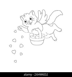 Le chat disperse les coeurs du panier. Page de livre de coloriage pour les enfants. Personnage de style dessin animé. Illustration vectorielle isolée sur fond blanc. Illustration de Vecteur