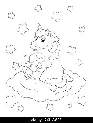 Une licorne mignonne tient un œuf de Pâques avec un arc. Page de livre de coloriage pour les enfants. Personnage de style dessin animé. Illustration vectorielle isolée sur backgr blanc Illustration de Vecteur