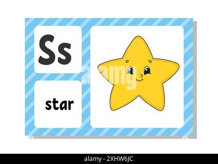 Alphabet anglais avec caractères de dessin animé. Cartes Flash. Ensemble de vecteurs. Style coloré. Apprendre ABC. Minuscules et majuscules. Illustration de Vecteur