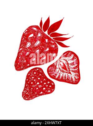 Illustration stylisée. Ensemble de fraises. Différentes tailles. Isolé sur fond blanc. Couleur rouge. Remplissage de texture. Les trois plus grosses fraises. Banque D'Images