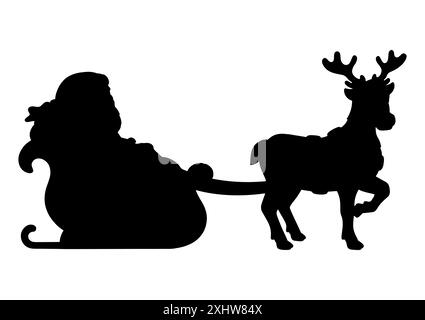 Le Père Noël porte des cadeaux de Noël sur un traîneau à rennes. Silhouette noire. Elément de conception. Illustration vectorielle isolée sur fond blanc. Tempo Illustration de Vecteur