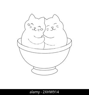 Chats épris dans une tasse. Page de livre de coloriage pour les enfants. Saint Valentin. Personnage de style dessin animé. Illustration vectorielle isolée sur fond blanc Illustration de Vecteur