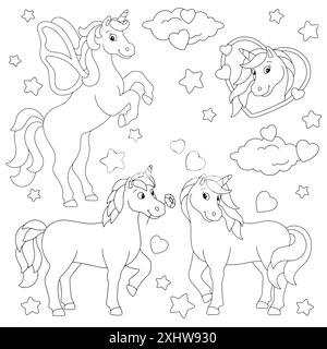 Belles licornes de conte de fées amoureuses. Page de livre de coloriage pour les enfants. Saint Valentin. Personnage de style dessin animé. Illustration vectorielle isolée sur backgr blanc Illustration de Vecteur