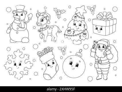 Livre de coloriage pour enfants. Clipart d'hiver. Personnages joyeux. Illustration vectorielle. Style de dessin animé mignon. Silhouette de contour noir. Isolé sur dos blanc Illustration de Vecteur