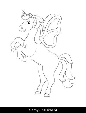 Belle licorne avec des ailes élevées. Page de livre de coloriage pour les enfants. Personnage de style dessin animé. Illustration vectorielle isolée sur fond blanc. Illustration de Vecteur