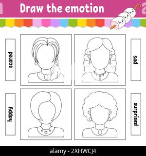 Dessinez l'émotion. Fiche de travail remplir le visage. Livre de coloriage pour enfants. Caractère joyeux. Illustration vectorielle. Silhouette de contour noire. Isolé sur Illustration de Vecteur