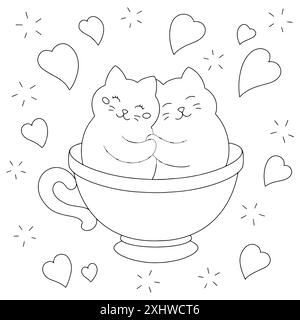 Un couple de chats mignons se serrent dans une tasse. Page de livre de coloriage pour les enfants. Saint Valentin. Personnage de style dessin animé. Illustration vectorielle isolée sur whi Illustration de Vecteur