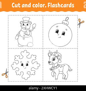 Couper et colorer. Jeu de cartes mémoire. Livre de coloriage pour enfants. Personnage de dessin animé mignon. Silhouette de contour noir. Thème de Noël. Isolé sur fond blanc. Illustration de Vecteur