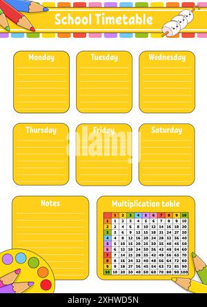 Calendrier scolaire avec table de multiplication. Pour l'éducation des enfants. Isolé sur un fond blanc. Avec un joli personnage de dessin animé. Illustration de Vecteur