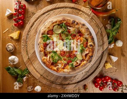 Pizza gastronomique avec courgettes et crevettes sur fond de bois, vue de dessus Banque D'Images