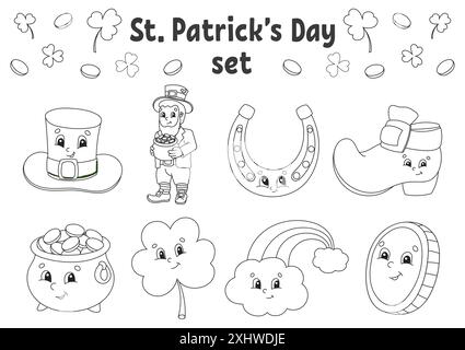 Livre de coloriage pour enfants. Saint-Patrick. Personnages joyeux. Illustration vectorielle. Joli dessin animé. Silhouette de contour noire. Isolé sur b blanc Illustration de Vecteur