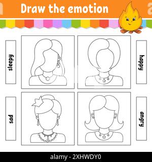 Dessinez l'émotion. Fiche de travail remplir le visage. Livre de coloriage pour enfants. Caractère joyeux. Illustration vectorielle. Silhouette de contour noire. Isolé sur Illustration de Vecteur