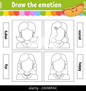 Dessinez l'émotion. Fiche de travail remplir le visage. Livre de coloriage pour enfants. Caractère joyeux. Illustration vectorielle. Silhouette de contour noire. Isolé sur Illustration de Vecteur