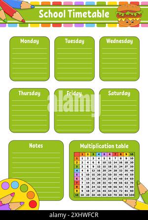 Calendrier scolaire avec table de multiplication. Pour l'éducation des enfants. Isolé sur un fond blanc. Avec un joli personnage de dessin animé. Illustration de Vecteur