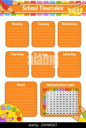 Calendrier scolaire avec table de multiplication. Pour l'éducation des enfants. Isolé sur un fond blanc. Avec un joli personnage de dessin animé. Illustration de Vecteur