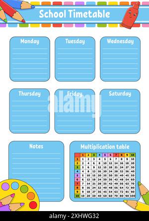 Calendrier scolaire avec table de multiplication. Pour l'éducation des enfants. Isolé sur un fond blanc. Avec un joli personnage de dessin animé. Illustration de Vecteur